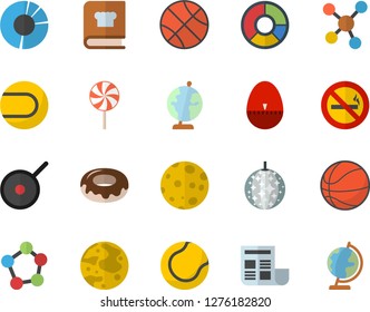 Color flat icon set teflon flat vector, kitchen egg timer, cookbook, donut, lollipop, molecules, clircle diagram, document, moon, globe, basketball, tennis ball, disco fector, no smoking