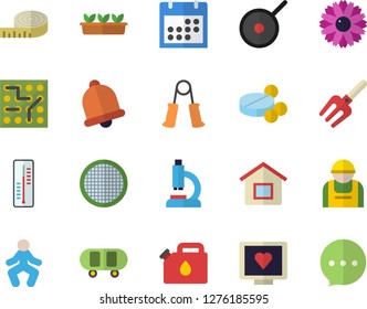Color flat icon set teflon flat vector, sieve, thermometer, flower, pitchfork, seedlings, construction worker, canister, pills, computer diagnostics of health, microscope, calendar, skateboard, bell