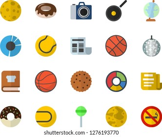 Color flat icon set teflon flat vector, cookbook, donut, lollipop, biscuit, clircle diagram, document, moon, globe, basketball, tennis ball, disco fector, camera, no smoking