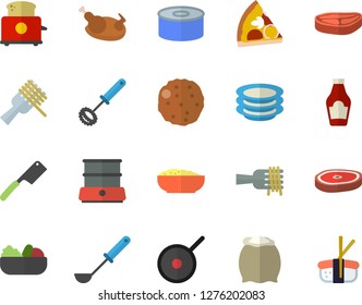 Color flat icon set teflon flat vector, ladle, whisk, knives, toaster, double boiler, flour, plates, chop, ketchup, canned food, spaghetti on a fork, pizza, salad, porridge, chicken, cutlet, sashimi