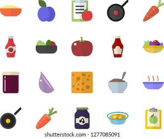 Color flat icon set teflon flat vector, ketchup, cheese, salad, soup, porridge, garlic, tomato, jam, plum, carrot, diet
