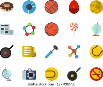 Color flat icon set teflon flat vector, kitchen egg timer, meat hammer, donut, lollipop, molecules, clircle diagram, document, moon, globe, basketball, tennis ball, camera fector, no smoking