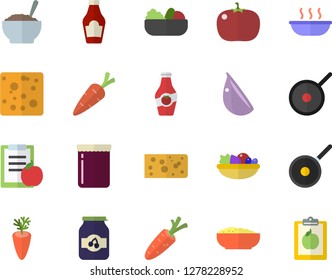 Color flat icon set teflon flat vector, ketchup, cheese, salad, soup, porridge, carrot, garlic, tomato, jam, diet