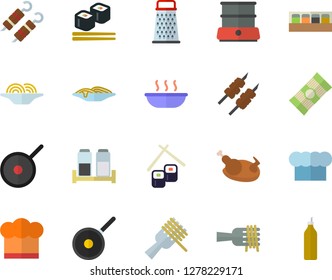 Color flat icon set teflon flat vector, cook hat, double boiler, spice, grater, spaghetti, on a fork, soup, chicken, shashlik, fish rolls, mustard