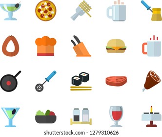 Color flat icon set teflon flat vector, cook hat, kitchen spoon, knives, turk, spice, chop, sausage, spaghetti on a fork, hamburger, pizza, salad, ham, fish rolls, wine, cocktail, tea, coffee