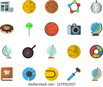 Color flat icon set teflon flat vector, meat hammer, cookbook, donut, lollipop, biscuit, molecules, clircle diagram, document, moon, globe, basketball, tennis ball, disco fector, camera