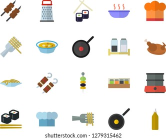 Color flat icon set teflon flat vector, cook hat, double boiler, spice, grater, spaghetti on a fork, soup, chicken, shashlik, fish rolls, canape, mustard