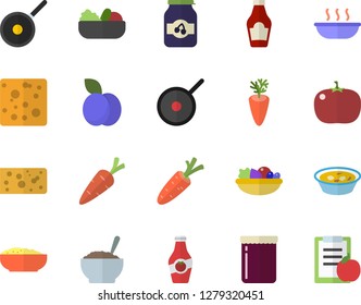 Color flat icon set teflon flat vector, ketchup, cheese, salad, soup, porridge, carrot, tomato, jam, plum, diet