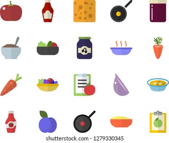 Color flat icon set teflon flat vector, ketchup, cheese, salad, soup, porridge, carrot, garlic, tomato, jam, plum, diet