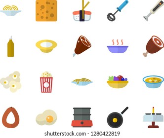 Color flat icon set teflon flat vector, whisk, double boiler, blender, sausage, cheese, spaghetti, dish, salad, soup, ham, sashimi, popcorn, scrambled eggs, mustard, romantic dinner fector