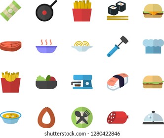 Color flat icon set teflon flat vector, cook hat, meat hammer, coffee machine, spaghetti, chop, sausage, hamburger, salad, soup, French fries, fish rolls, sashimi, table setting fector, jingle