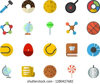 Color flat icon set teflon flat vector, kitchen egg timer, meat hammer, cookbook, donut, lollipop, biscuit, molecules, clircle diagram, document, moon, globe, basketball, tennis ball, disco fector