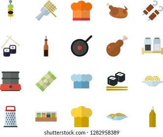 Color flat icon set teflon flat vector, cook hat, double boiler, spice, grater, spaghetti, sauce, on a fork, chicken, shashlik, fish rolls, canape, mustard