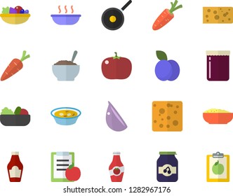Color flat icon set teflon flat vector, ketchup, cheese, salad, soup, porridge, garlic, tomato, jam, plum, carrot, diet
