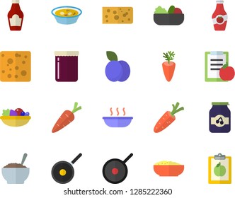 Color flat icon set teflon flat vector, ketchup, cheese, salad, soup, porridge, carrot, jam, plum, diet