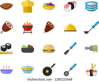 Color flat icon set teflon flat vector, cook hat, ladle, kitchen spatula, spoon, barbecue, dish, plates, spaghetti on a fork, hamburger, salad, soup, ham, chop, fish rolls, sashimi
