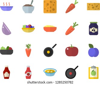 Color flat icon set teflon flat vector, ketchup, cheese, salad, soup, porridge, carrot, garlic, tomato, jam, plum, diet
