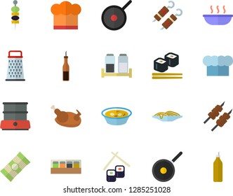 Color flat icon set teflon flat vector, cook hat, double boiler, spice, grater, spaghetti, sauce, soup, chicken, shashlik, fish rolls, canape, mustard