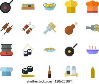 Color flat icon set teflon flat vector, cook hat, double boiler, spice, sauce, spaghetti on a fork, soup, chicken, shashlik, fish rolls, mustard