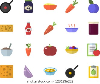 Color flat icon set teflon flat vector, cheese, salad, soup, porridge, carrot, garlic, tomato, jam, plum, ketchup, diet
