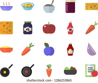 Color flat icon set teflon flat vector, ketchup, cheese, salad, soup, porridge, carrot, garlic, tomato, jam, plum, diet