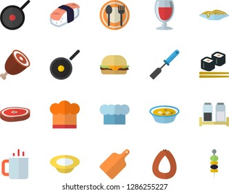 Color flat icon set teflon flat vector, cook hat, kitchen spatula, cutting board, spice, table setting, sausage, spaghetti, hamburger, dish, soup, ham, chop, fish rolls, sashimi, wine, tea, canape