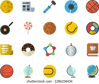 Color flat icon set teflon flat vector, meat hammer, cookbook, donut, lollipop, biscuit, molecules, clircle diagram, document, moon, globe, basketball, tennis ball, disco fector
