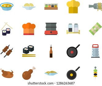 Color flat icon set teflon flat vector, cook hat, double boiler, spice, grater, spaghetti, sauce, on a fork, soup, chicken, shashlik, fish rolls, canape