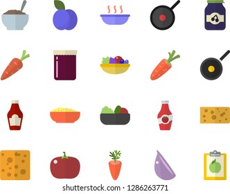 Color flat icon set teflon flat vector, ketchup, cheese, salad, soup, porridge, carrot, garlic, tomato, jam, plum, diet