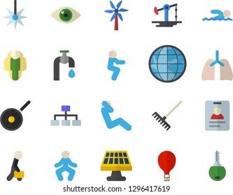 Color flat icon set teflon flat vector, windmill, rake, water tap, solar battery, oil pumping, laser, earth, lungs, businessman, classification, swimming, gymnastics, squats, swing press, badge, eye