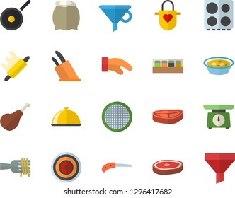 Color flat icon set teflon flat vector, weighing machine, apron, potholder, knives, rolling pin, electric stove, induction cooker, spice, flour, dish, sieve, chop, ham, spaghetti on a fork, soup