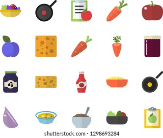 Color flat icon set teflon flat vector, cheese, salad, soup, porridge, carrot, garlic, tomato, jam, plum, ketchup, diet