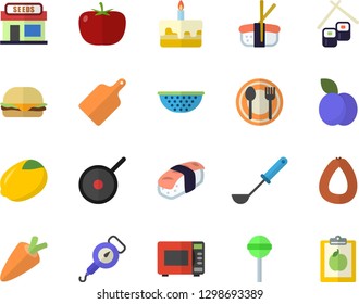 Color flat icon set teflon flat vector, colander, spring balance, ladle, cutting board, microwave, table setting, tomato, lemon, carrot, sausage, hamburger, cake, lollipop, fish rolls, sashimi, plum