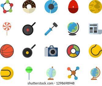 Color flat icon set teflon flat vector, kitchen egg timer, meat hammer, donut, lollipop, molecules, clircle diagram, document, moon, globe, basketball, tennis ball, camera fector