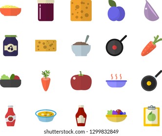 Color flat icon set teflon flat vector, ketchup, cheese, salad, soup, porridge, carrot, garlic, tomato, jam, plum, diet