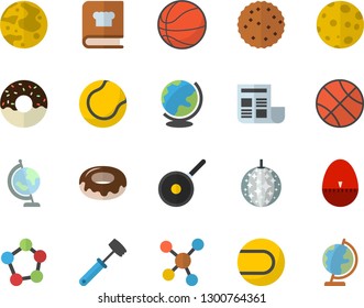 Color flat icon set teflon flat vector, kitchen egg timer, meat hammer, cookbook, donut, biscuit, molecules, document, moon, globe, basketball, tennis ball, disco fector