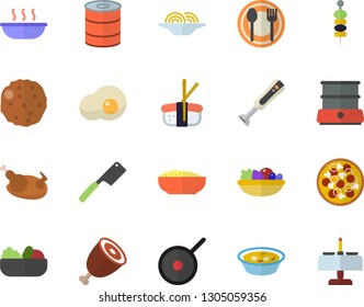 Color flat icon set teflon flat vector, knives, double boiler, blender, table setting, canned food, spaghetti, pizza, salad, soup, porridge, chicken, ham, cutlet, sashimi, scrambled eggs, canape