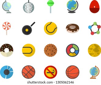 Color flat icon set teflon flat vector, kitchen egg timer, donut, lollipop, biscuit, molecules, clircle diagram, moon, globe, basketball, tennis ball, disco fector, no smoking