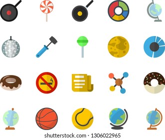Color flat icon set teflon flat vector, meat hammer, donut, lollipop, molecules, clircle diagram, document, moon, globe, basketball, tennis ball, disco fector, no smoking