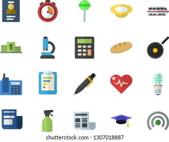 Color flat icon set teflon flat vector, bread, dish, lollipop, pulverizer, energy saving lamp, graphic report, news, document, calculator, badge, telephone, pen, microscope, bachelor cap, pedestal