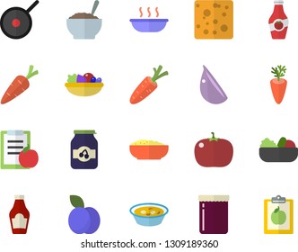 Color flat icon set teflon flat vector, ketchup, cheese, salad, soup, porridge, carrot, garlic, tomato, jam, plum, diet