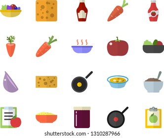 Color flat icon set teflon flat vector, ketchup, cheese, salad, soup, porridge, carrot, garlic, tomato, jam, diet