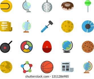 Color flat icon set teflon flat vector, kitchen egg timer, meat hammer, donut, lollipop, biscuit, molecules, clircle diagram, document, moon, globe, basketball, tennis ball, disco fector