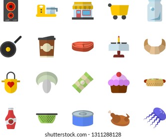 Color flat icon set teflon flat vector, colander, apron, induction cooker, food processor, spaghetti, chop, croissant, cake, canned, hot dog, mushroom, chicken, coffe, ketchup, grain warehouse