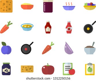 Color flat icon set teflon flat vector, ketchup, cheese, salad, soup, porridge, garlic, tomato, jam, plum, carrot, diet