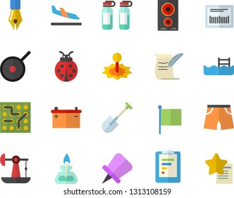 Color flat icon set teflon flat vector, induction cooker, ladybird, shovel, oil pumping, accumulator, laser, graphic report, flag, barcode, ampoule, ink pen, gas burner, hostory roll, pool