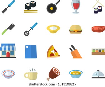 Color flat icon set teflon flat vector, kitchen spatula, spoon, knives, cutting board, spice, chop, hamburger, pizza, dish, soup, ham, fish rolls, wine, store front, coffee, jingle fector