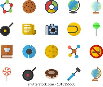 Color flat icon set teflon flat vector, meat hammer, cookbook, donut, lollipop, biscuit, molecules, clircle diagram, document, moon, globe, tennis ball, camera fector, no smoking