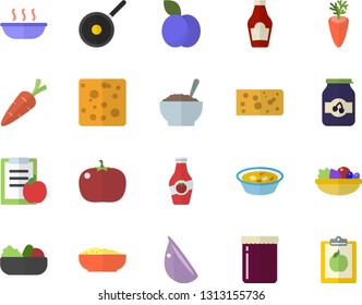 Color flat icon set teflon flat vector, ketchup, cheese, salad, soup, porridge, carrot, garlic, tomato, jam, plum, diet