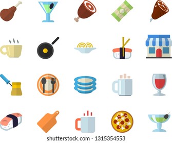 Color flat icon set teflon flat vector, cutting board, turk, table setting, plates, spaghetti, ham, pizza, sashimi, wine, cocktail, tea, store front, coffee, fector